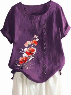 Linen Shirts for Women Summer Linen Crew Neck Shirts Button Down Short Sleeve Tunic Blouse Loose Casual Boho Top