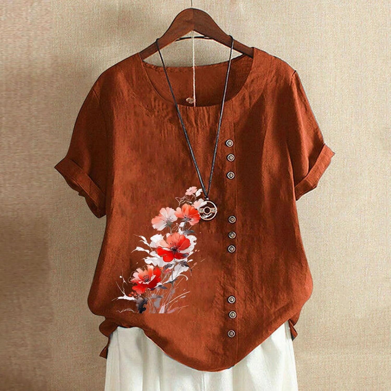 Linen Shirts for Women Summer Linen Crew Neck Shirts Button Down Short Sleeve Tunic Blouse Loose Casual Boho Top