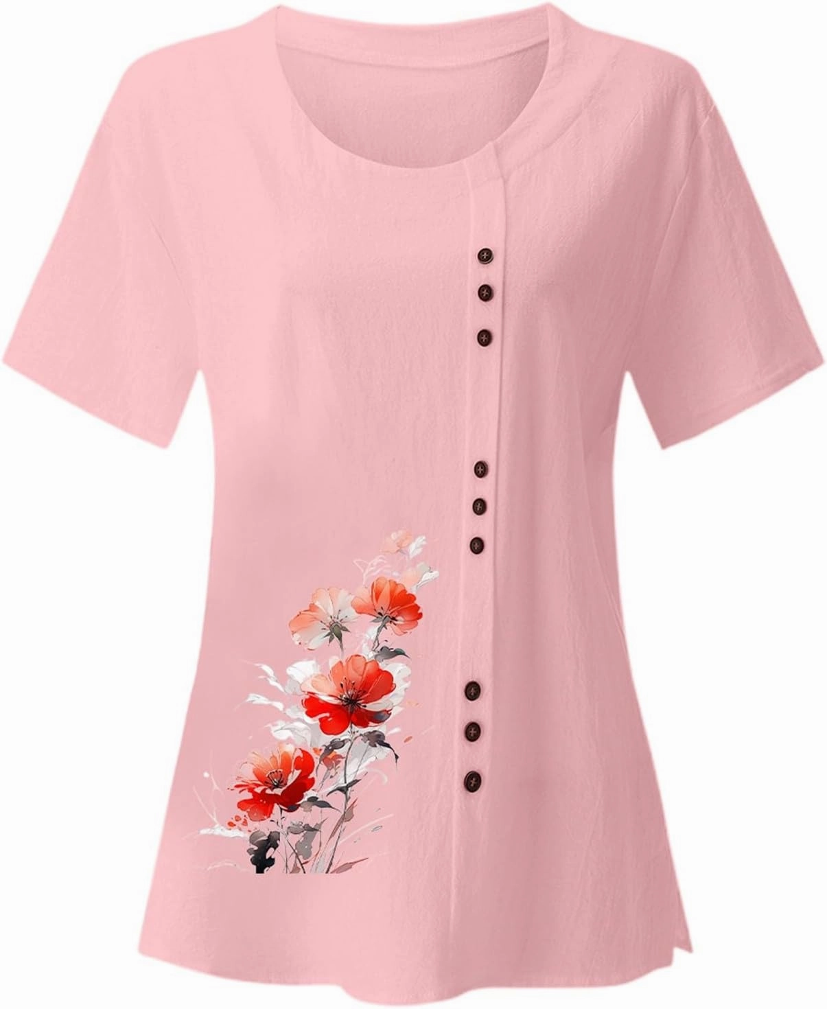 Linen Shirts for Women Summer Linen Crew Neck Shirts Button Down Short Sleeve Tunic Blouse Loose Casual Boho Top