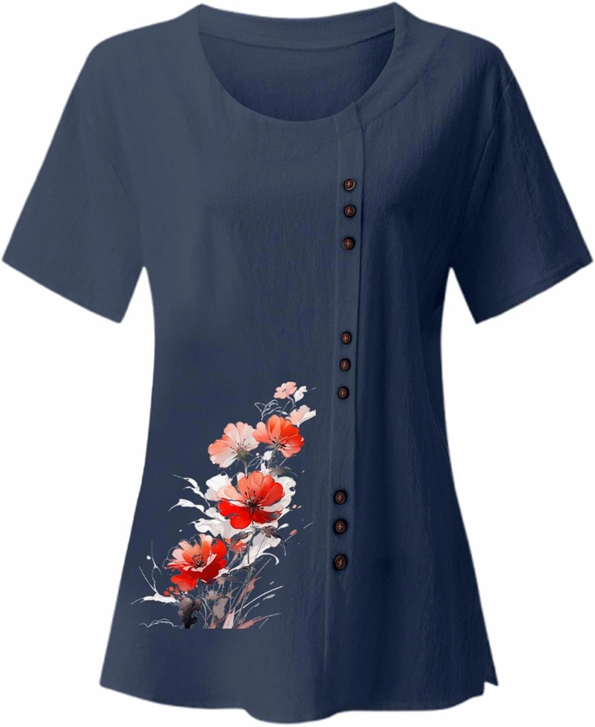 Linen Shirts for Women Summer Linen Crew Neck Shirts Button Down Short Sleeve Tunic Blouse Loose Casual Boho Top