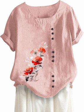Linen Shirts for Women Summer Linen Crew Neck Shirts Button Down Short Sleeve Tunic Blouse Loose Casual Boho Top