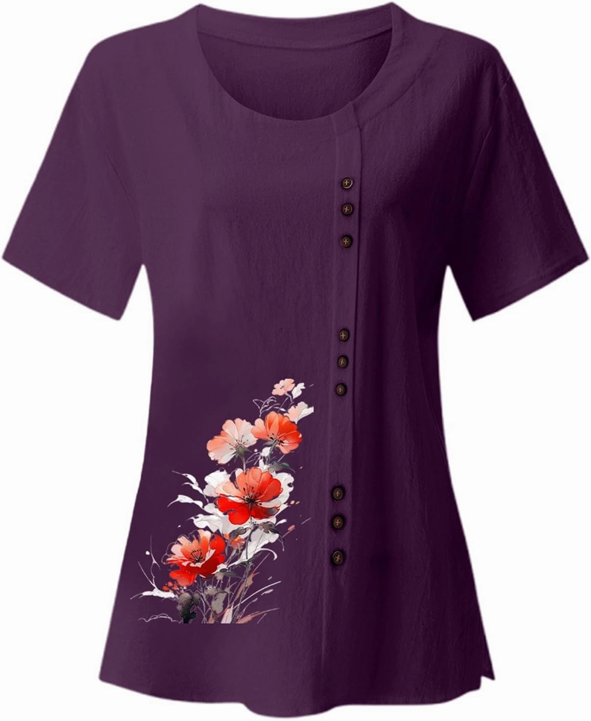 Linen Shirts for Women Summer Linen Crew Neck Shirts Button Down Short Sleeve Tunic Blouse Loose Casual Boho Top