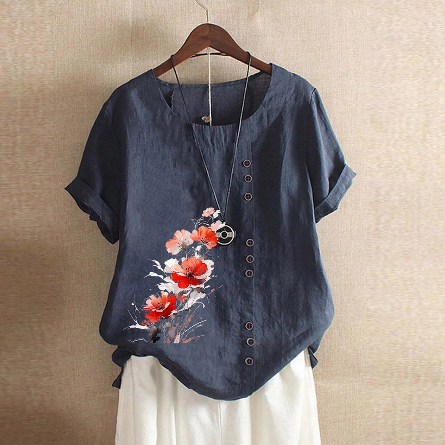 Linen Shirts for Women Summer Linen Crew Neck Shirts Button Down Short Sleeve Tunic Blouse Loose Casual Boho Top