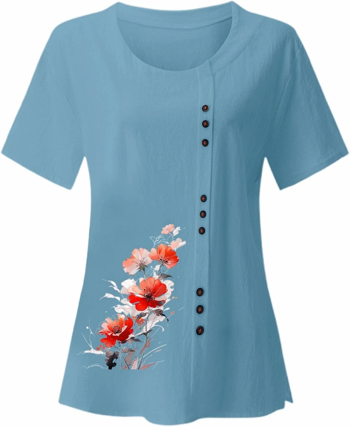 Linen Shirts for Women Summer Linen Crew Neck Shirts Button Down Short Sleeve Tunic Blouse Loose Casual Boho Top