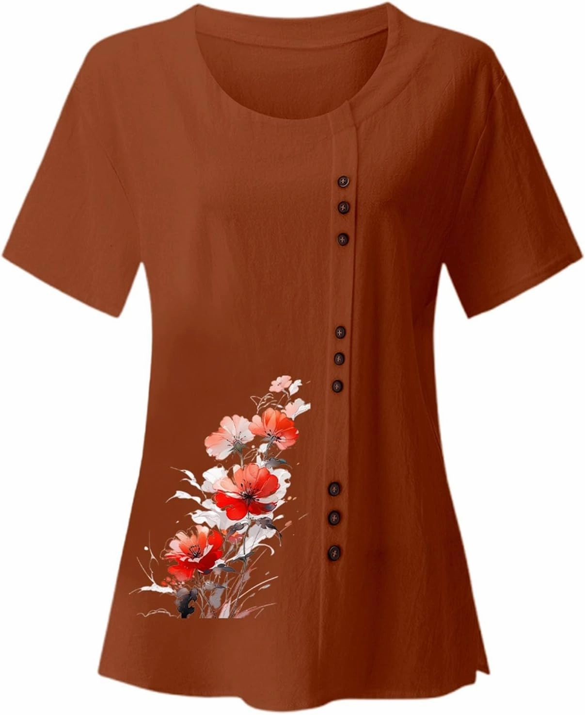 Linen Shirts for Women Summer Linen Crew Neck Shirts Button Down Short Sleeve Tunic Blouse Loose Casual Boho Top