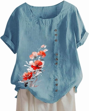 Linen Shirts for Women Summer Linen Crew Neck Shirts Button Down Short Sleeve Tunic Blouse Loose Casual Boho Top