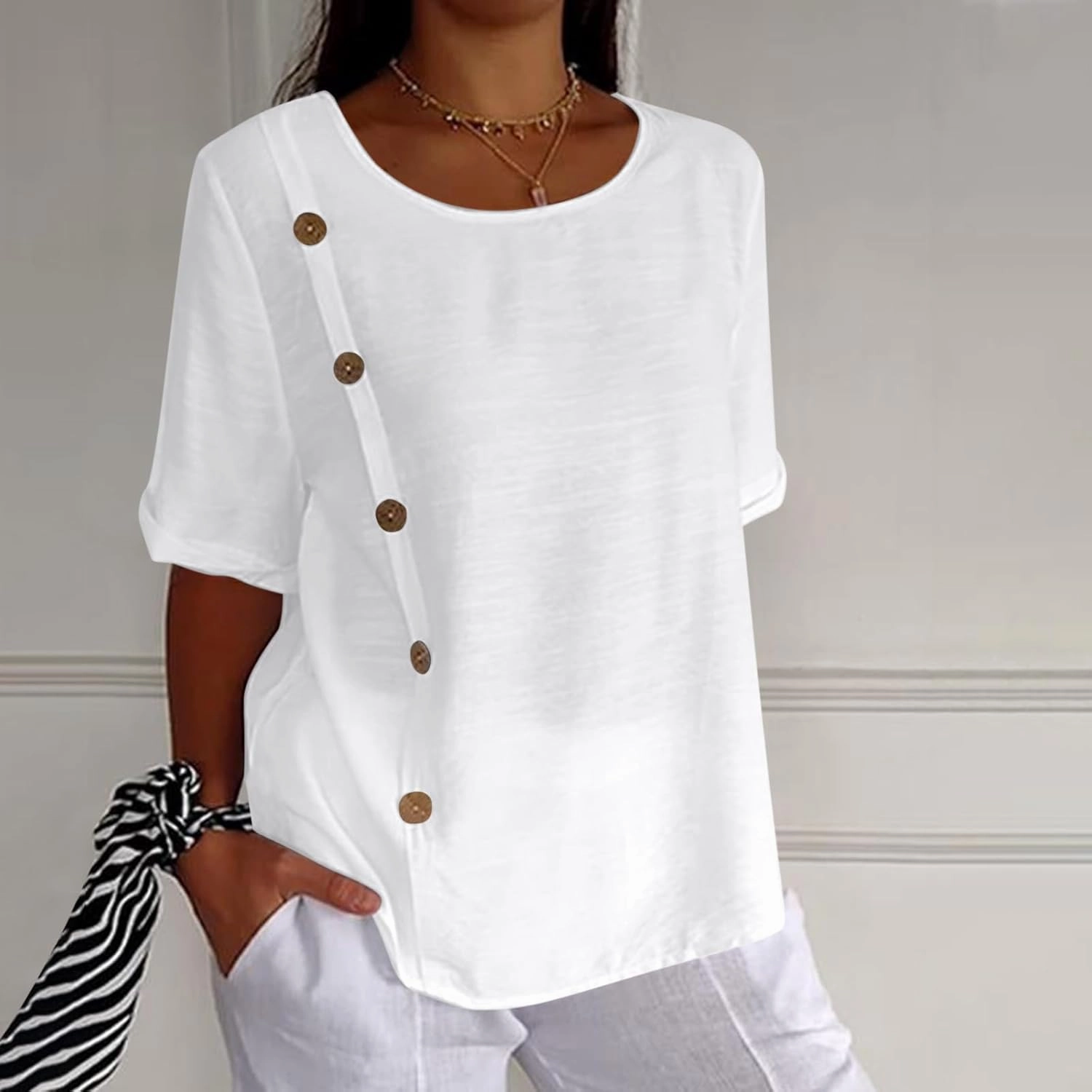Linen Tops for Women Summer Loose Fit Crewneck Button Down Blouse Shirts Dressy Casual Short Sleeve Clothes