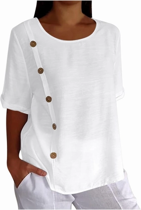 Linen Tops for Women Summer Loose Fit Crewneck Button Down Blouse Shirts Dressy Casual Short Sleeve Clothes