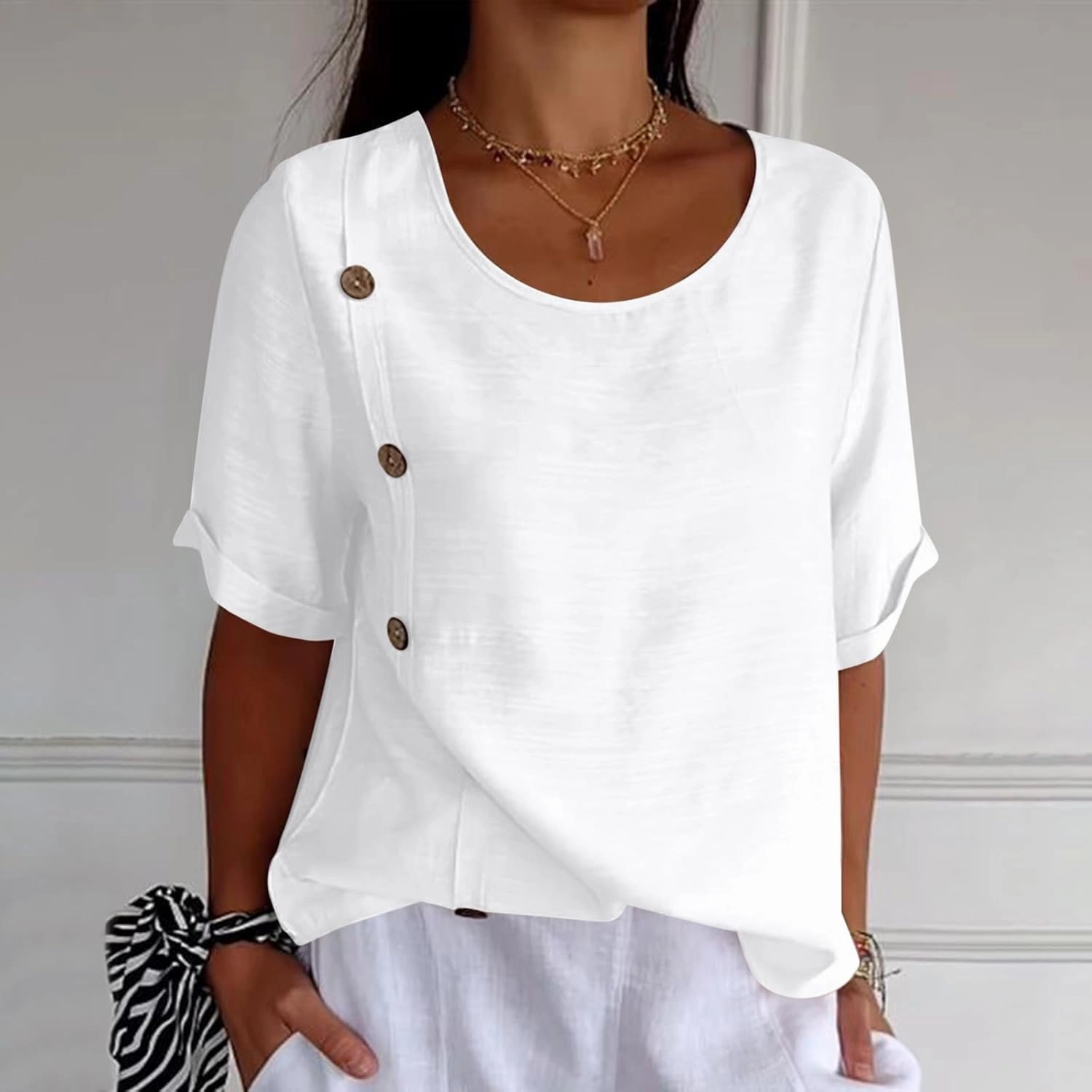 Linen Tops for Women Summer Loose Fit Crewneck Button Down Blouse Shirts Dressy Casual Short Sleeve Clothes