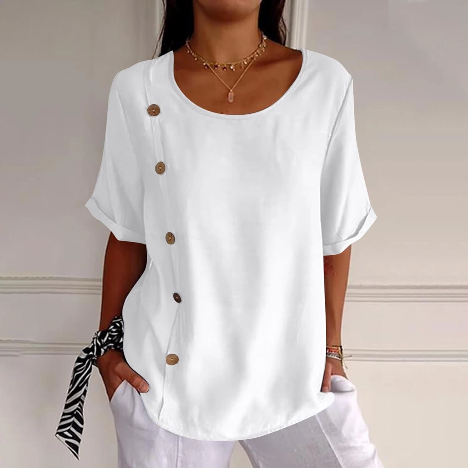 Linen Tops for Women Summer Loose Fit Crewneck Button Down Blouse Shirts Dressy Casual Short Sleeve Clothes