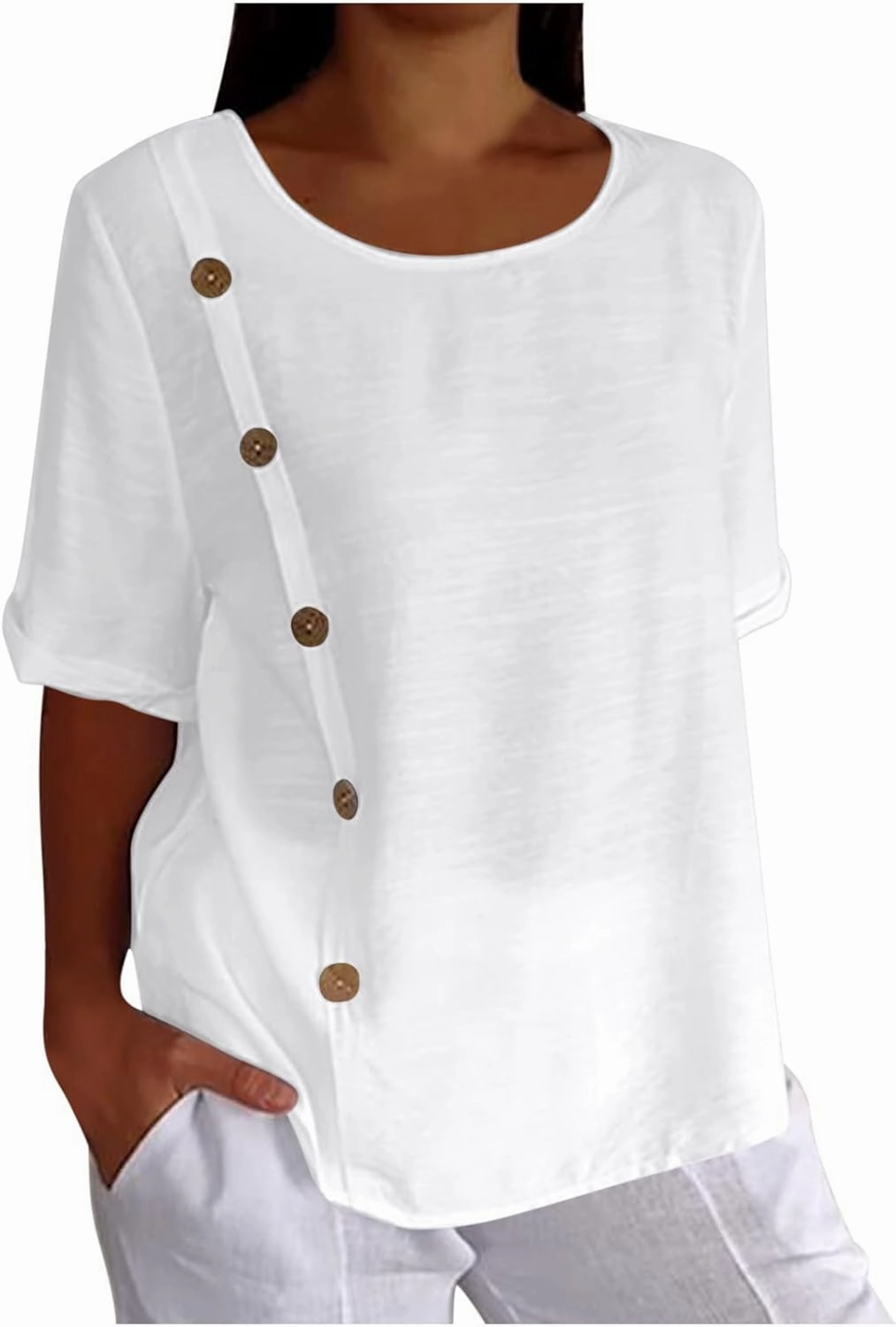 Linen Tops for Women Summer Loose Fit Crewneck Button Down Blouse Shirts Dressy Casual Short Sleeve Clothes