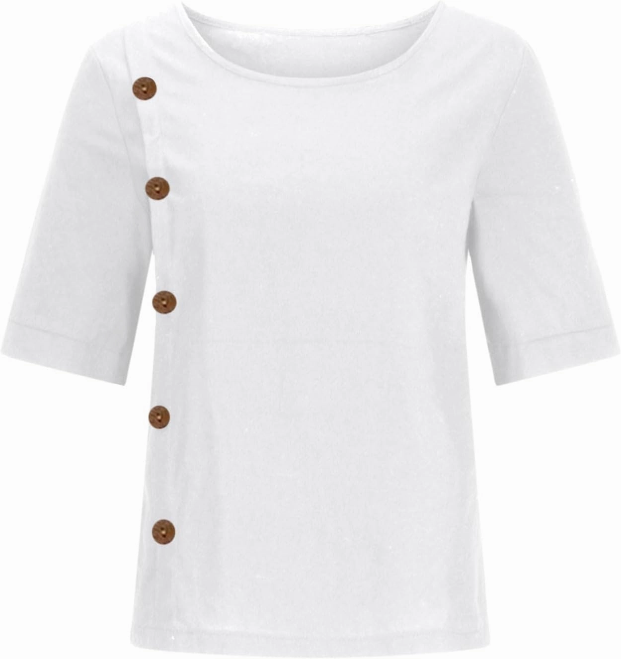 Linen Tops for Women Summer Loose Fit Crewneck Button Down Blouse Shirts Dressy Casual Short Sleeve Clothes