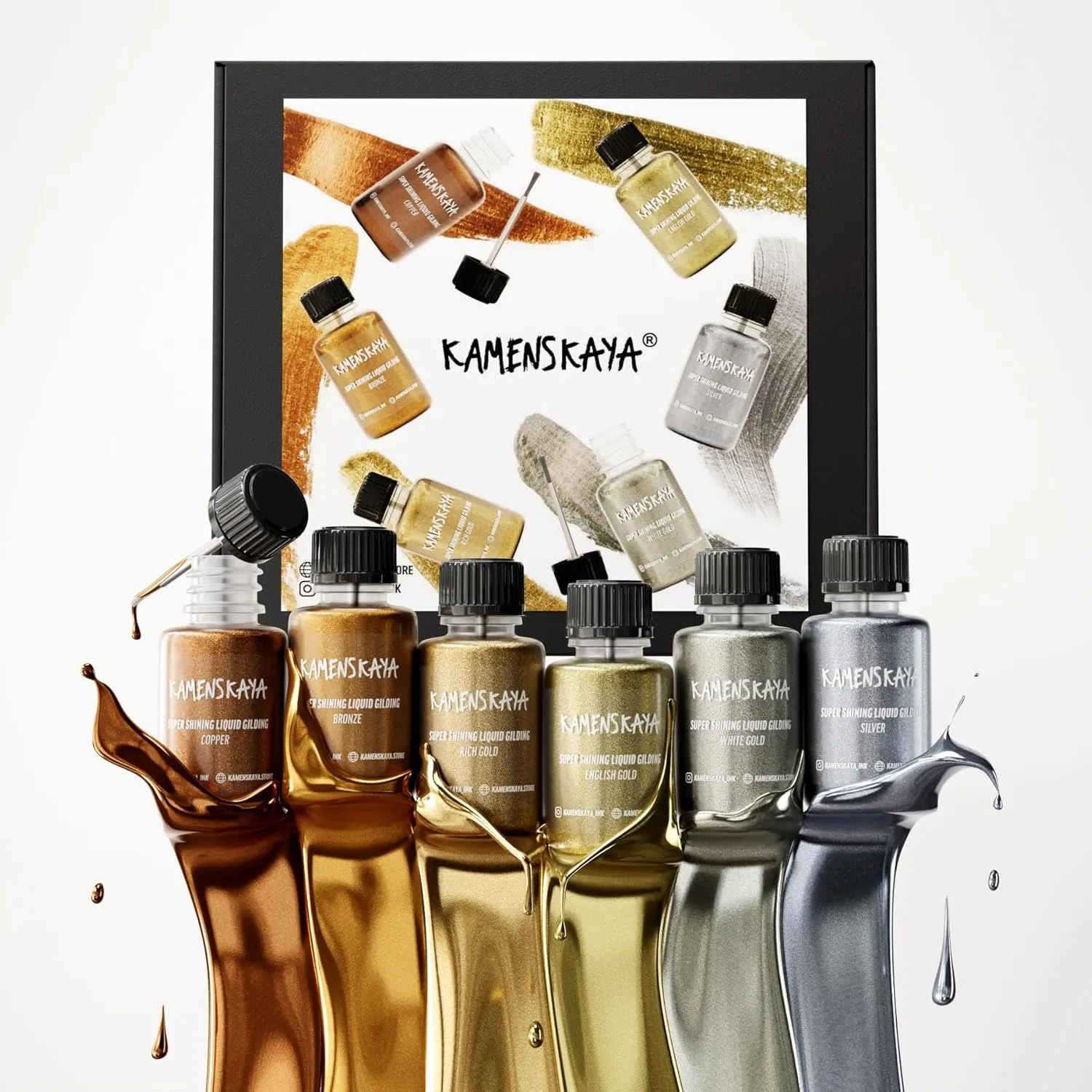 Liquid Leaf Paint - Gilding Paint Set - Rich & English Gold, Silver, Bronze, Copper, White Gold - 6 pcs. 0.68 fl oz (20 ml) Each
