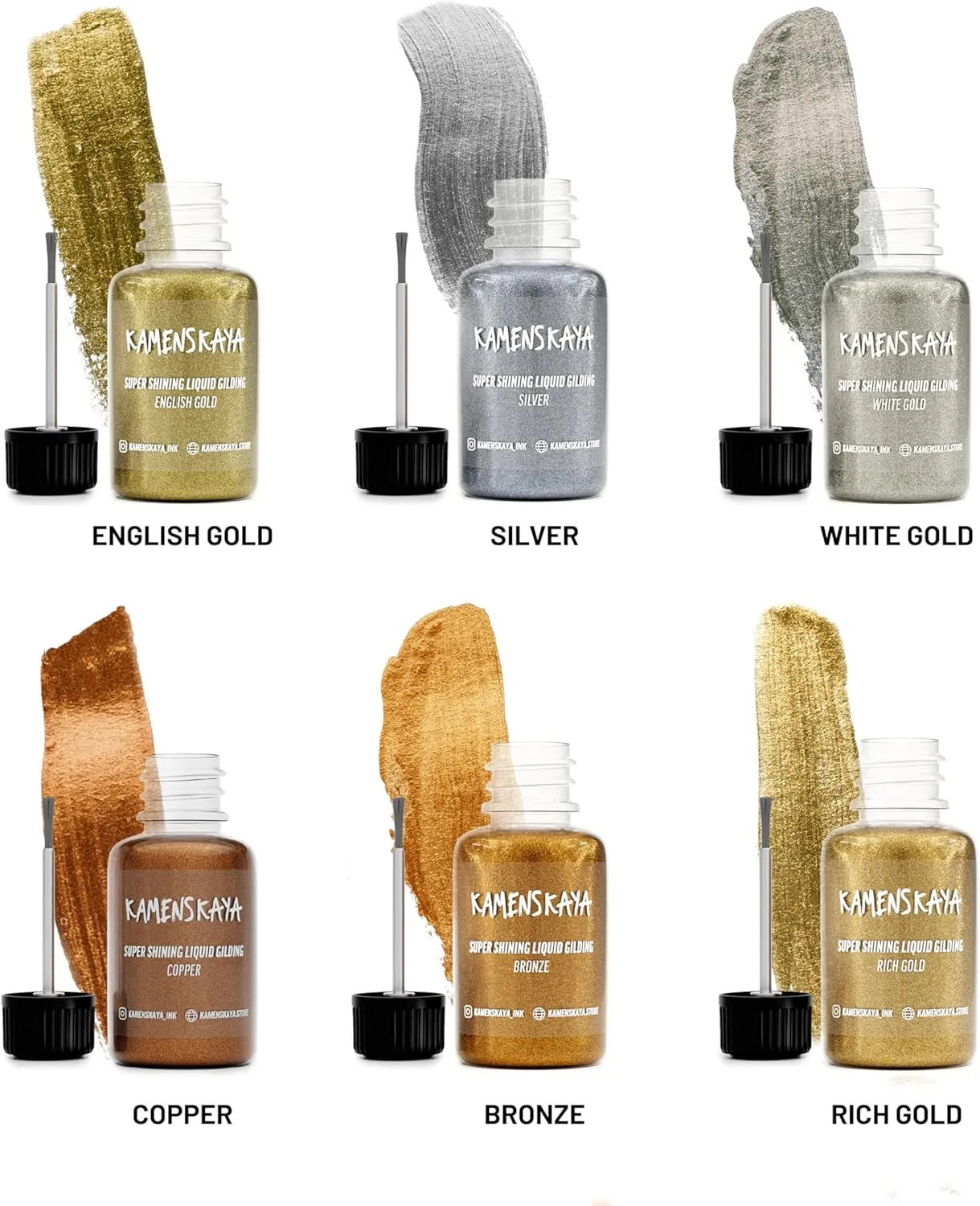 Liquid Leaf Paint - Gilding Paint Set - Rich & English Gold, Silver, Bronze, Copper, White Gold - 6 pcs. 0.68 fl oz (20 ml) Each
