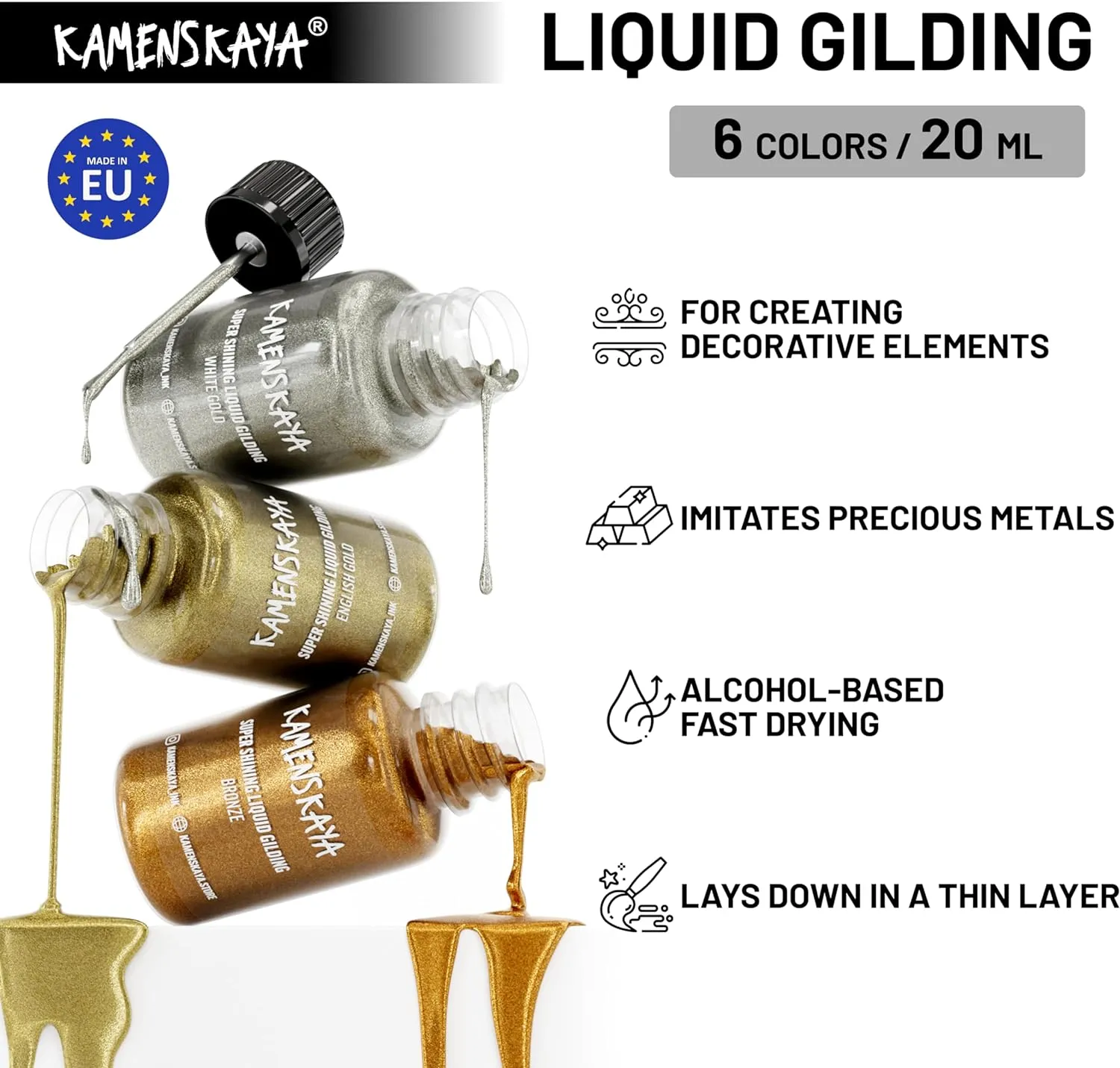 Liquid Leaf Paint - Gilding Paint Set - Rich & English Gold, Silver, Bronze, Copper, White Gold - 6 pcs. 0.68 fl oz (20 ml) Each