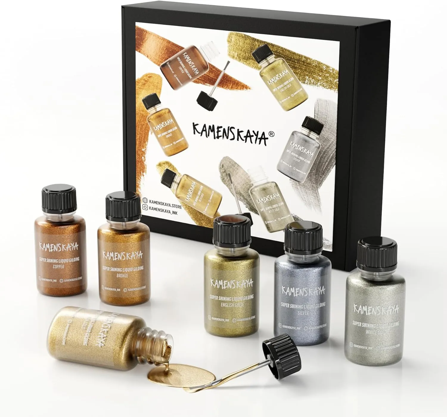 Liquid Leaf Paint - Gilding Paint Set - Rich & English Gold, Silver, Bronze, Copper, White Gold - 6 pcs. 0.68 fl oz (20 ml) Each