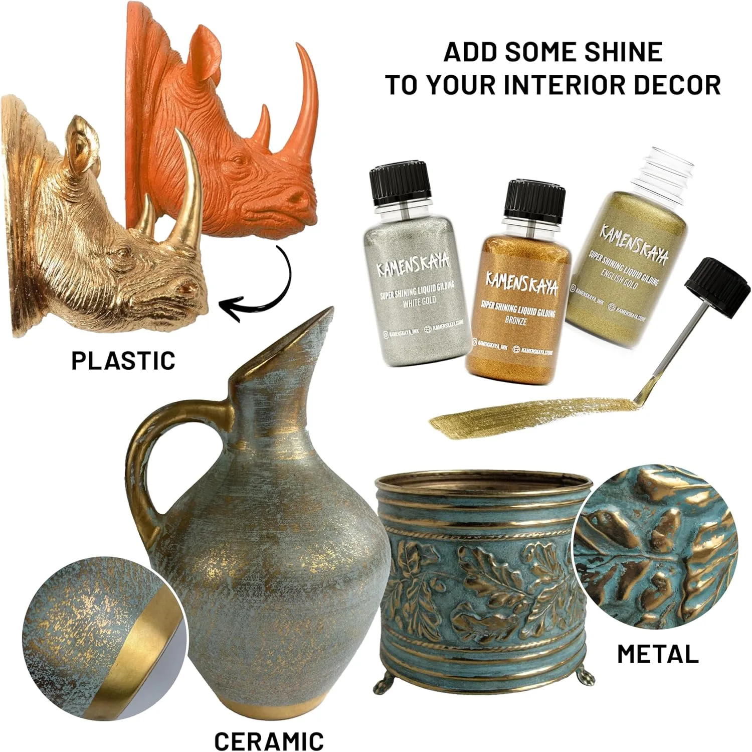 Liquid Leaf Paint - Gilding Paint Set - Rich & English Gold, Silver, Bronze, Copper, White Gold - 6 pcs. 0.68 fl oz (20 ml) Each