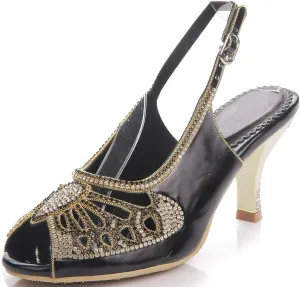 LizFoYa Women Polished Peep Toe Evening Pumps Low Heels Studs Cutout Dress Kitten Heels