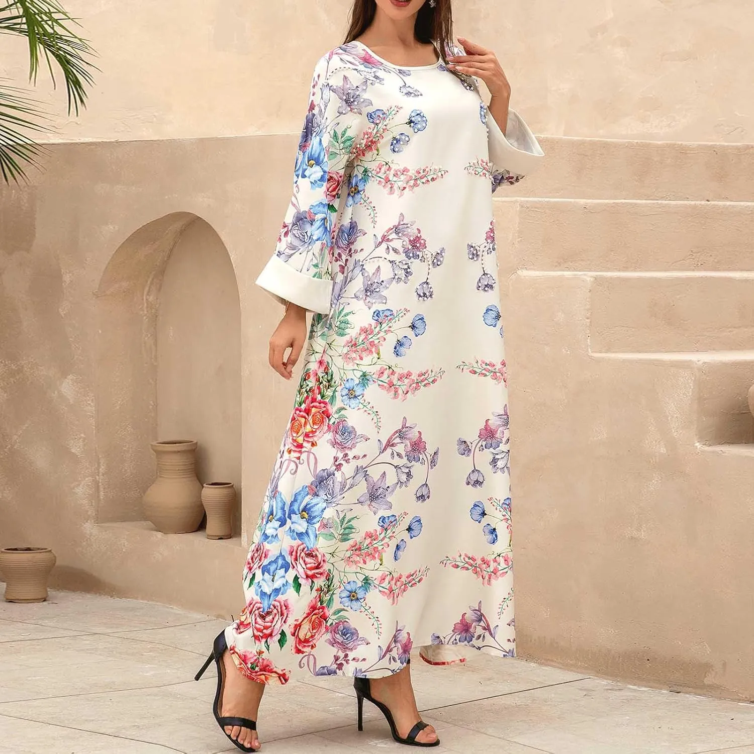Lmdudan Women's Muslim Kaftan Islamic Abaya Prayer Dress Long Sleeve V Neck Self Tie Flowy Dresses Middle East Arabian Robe