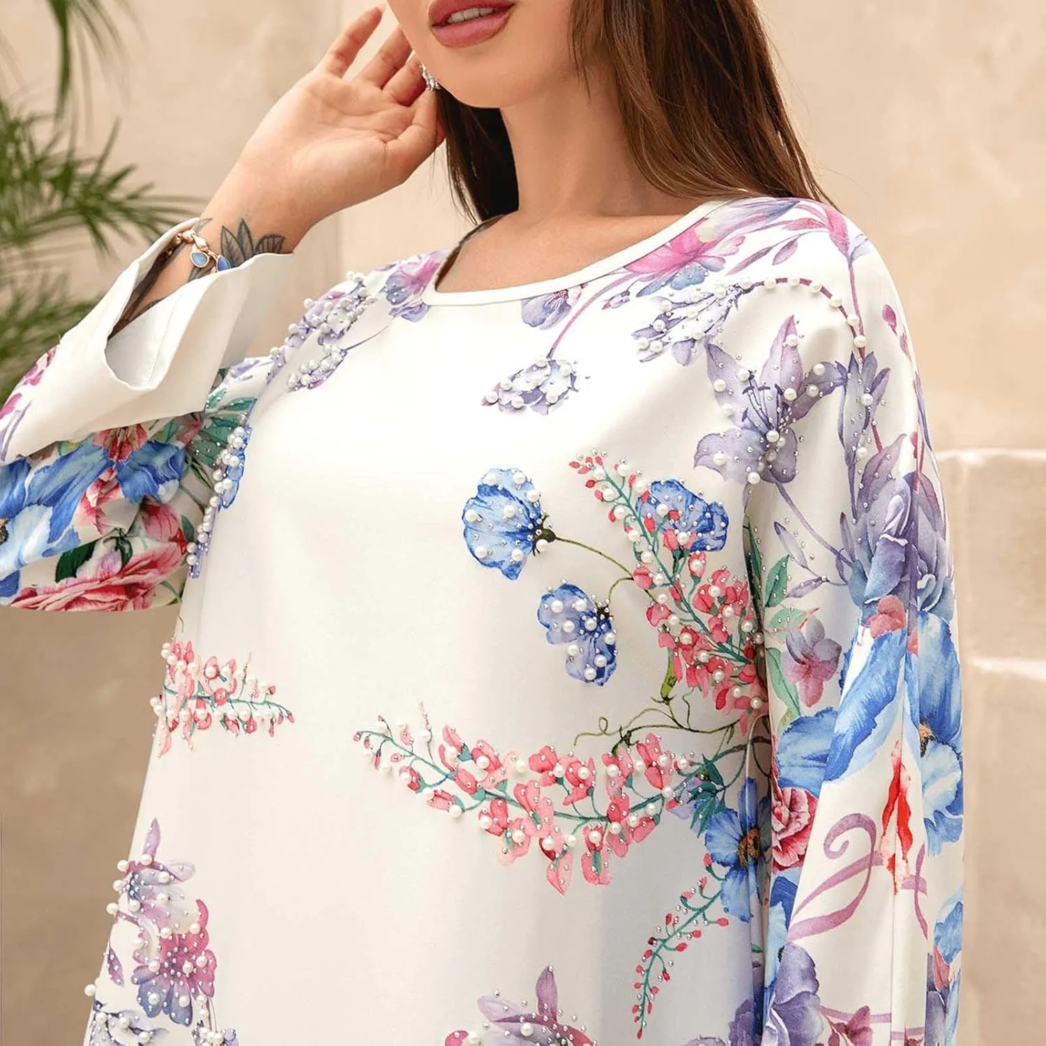 Lmdudan Women's Muslim Kaftan Islamic Abaya Prayer Dress Long Sleeve V Neck Self Tie Flowy Dresses Middle East Arabian Robe