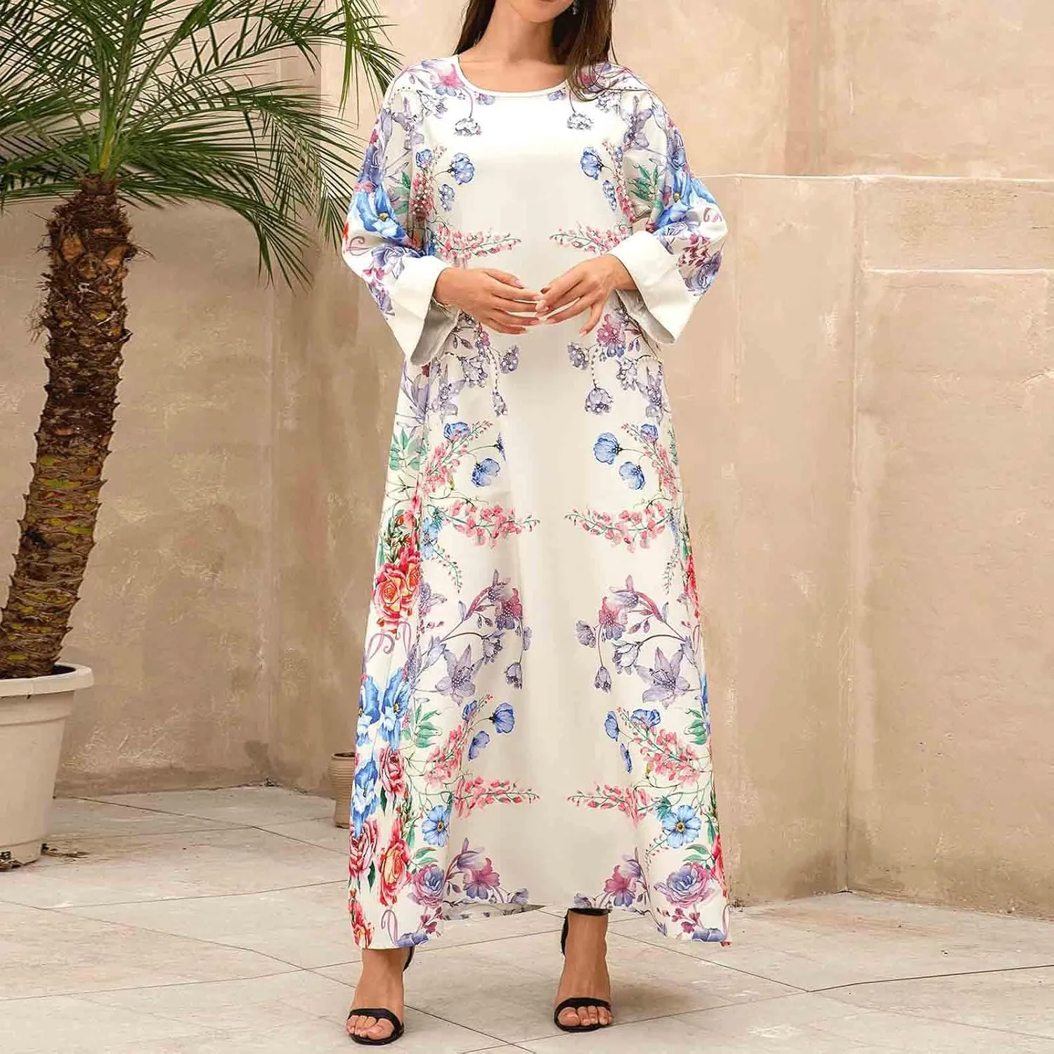 Lmdudan Women's Muslim Kaftan Islamic Abaya Prayer Dress Long Sleeve V Neck Self Tie Flowy Dresses Middle East Arabian Robe