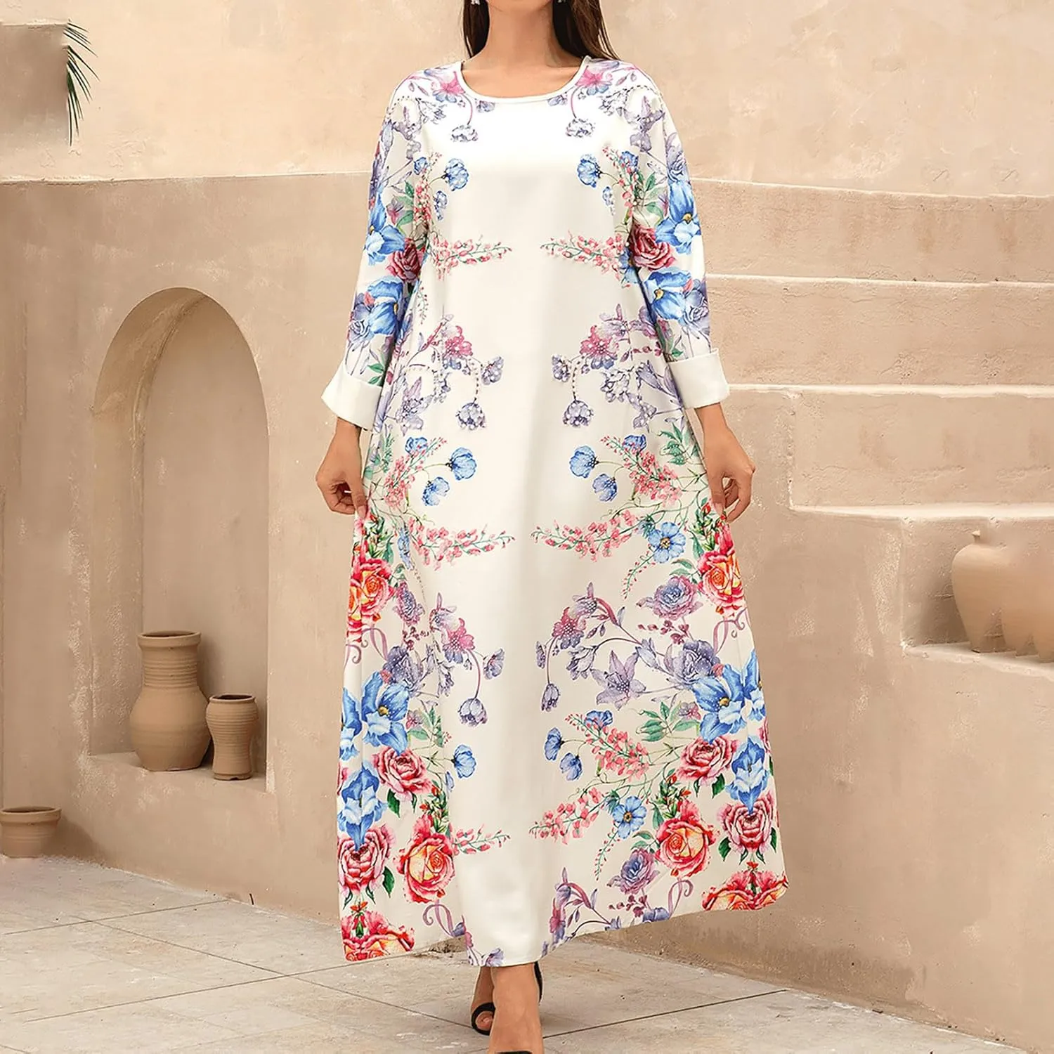 Lmdudan Women's Muslim Kaftan Islamic Abaya Prayer Dress Long Sleeve V Neck Self Tie Flowy Dresses Middle East Arabian Robe