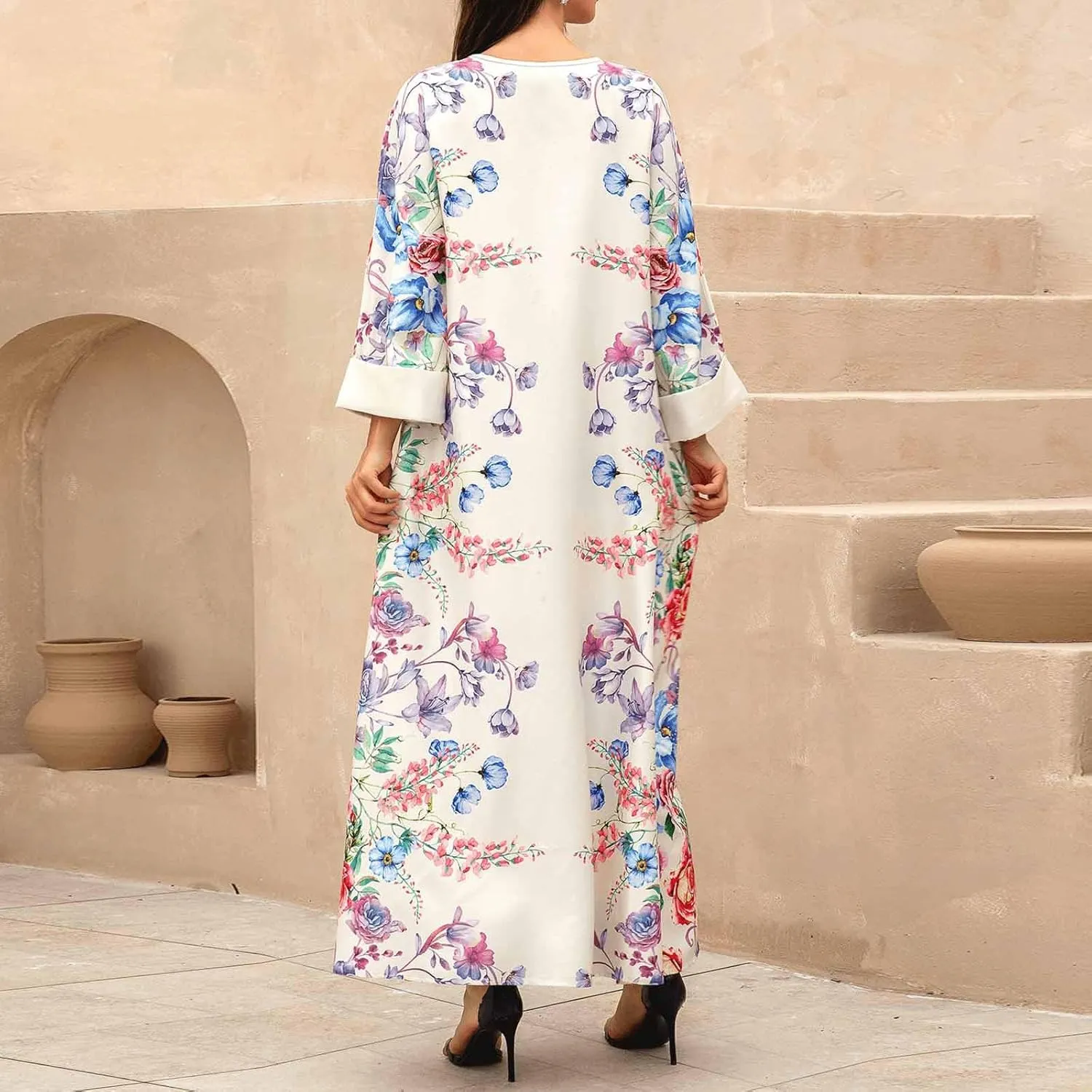 Lmdudan Women's Muslim Kaftan Islamic Abaya Prayer Dress Long Sleeve V Neck Self Tie Flowy Dresses Middle East Arabian Robe