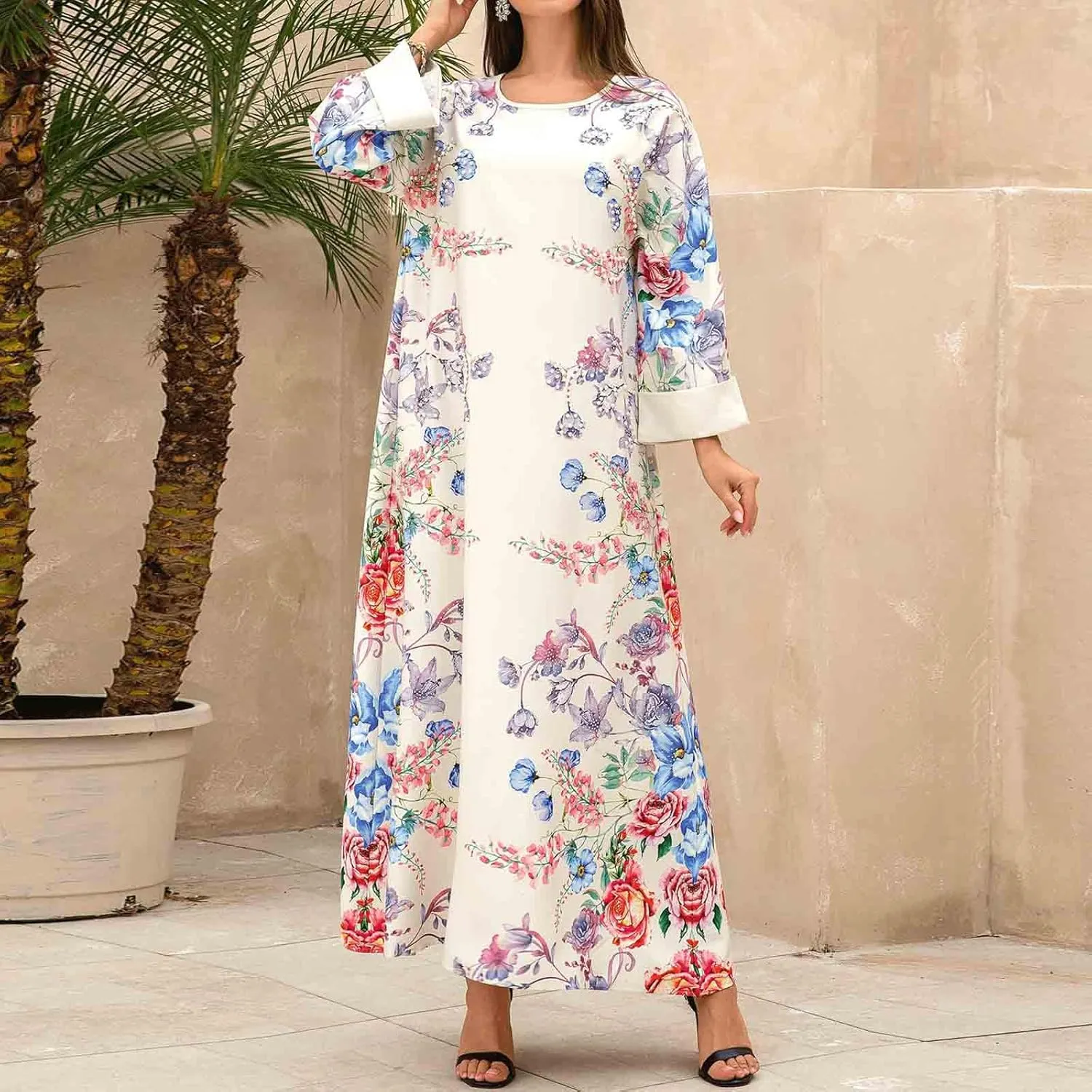 Lmdudan Women's Muslim Kaftan Islamic Abaya Prayer Dress Long Sleeve V Neck Self Tie Flowy Dresses Middle East Arabian Robe
