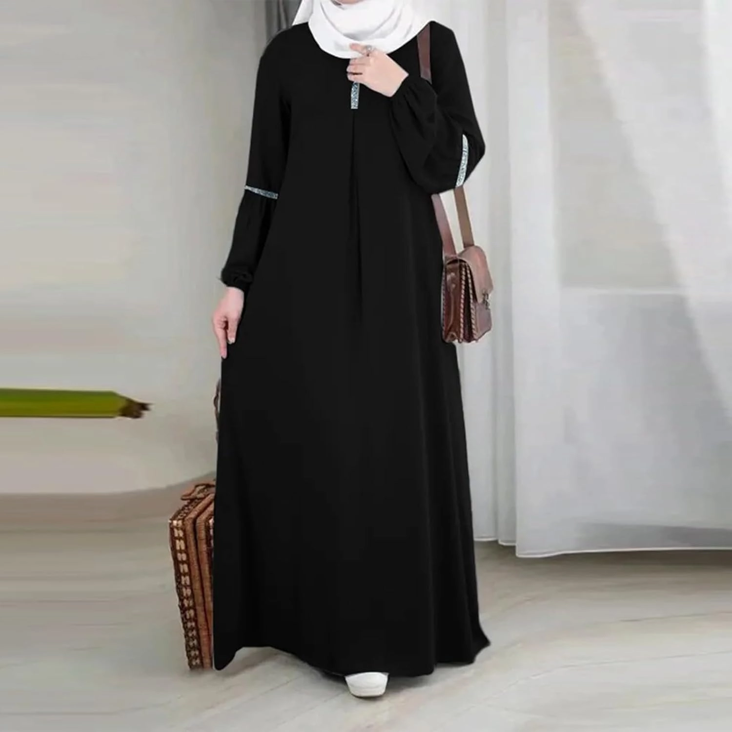 Lmdudan Muslim Women Abaya Dress Kaftan Islamic Maxi Dress Middle East Robe Long Sleeve Crewneck Solid Eid Prayer Clothes