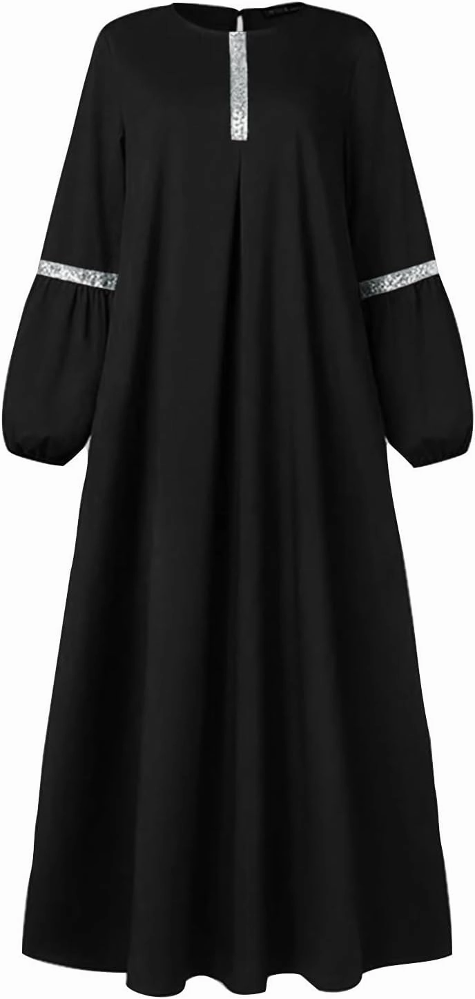 Lmdudan Muslim Women Abaya Dress Kaftan Islamic Maxi Dress Middle East Robe Long Sleeve Crewneck Solid Eid Prayer Clothes
