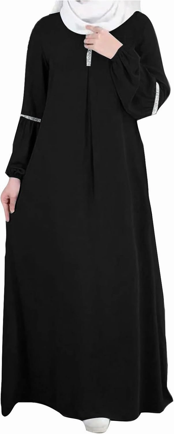 Lmdudan Muslim Women Abaya Dress Kaftan Islamic Maxi Dress Middle East Robe Long Sleeve Crewneck Solid Eid Prayer Clothes