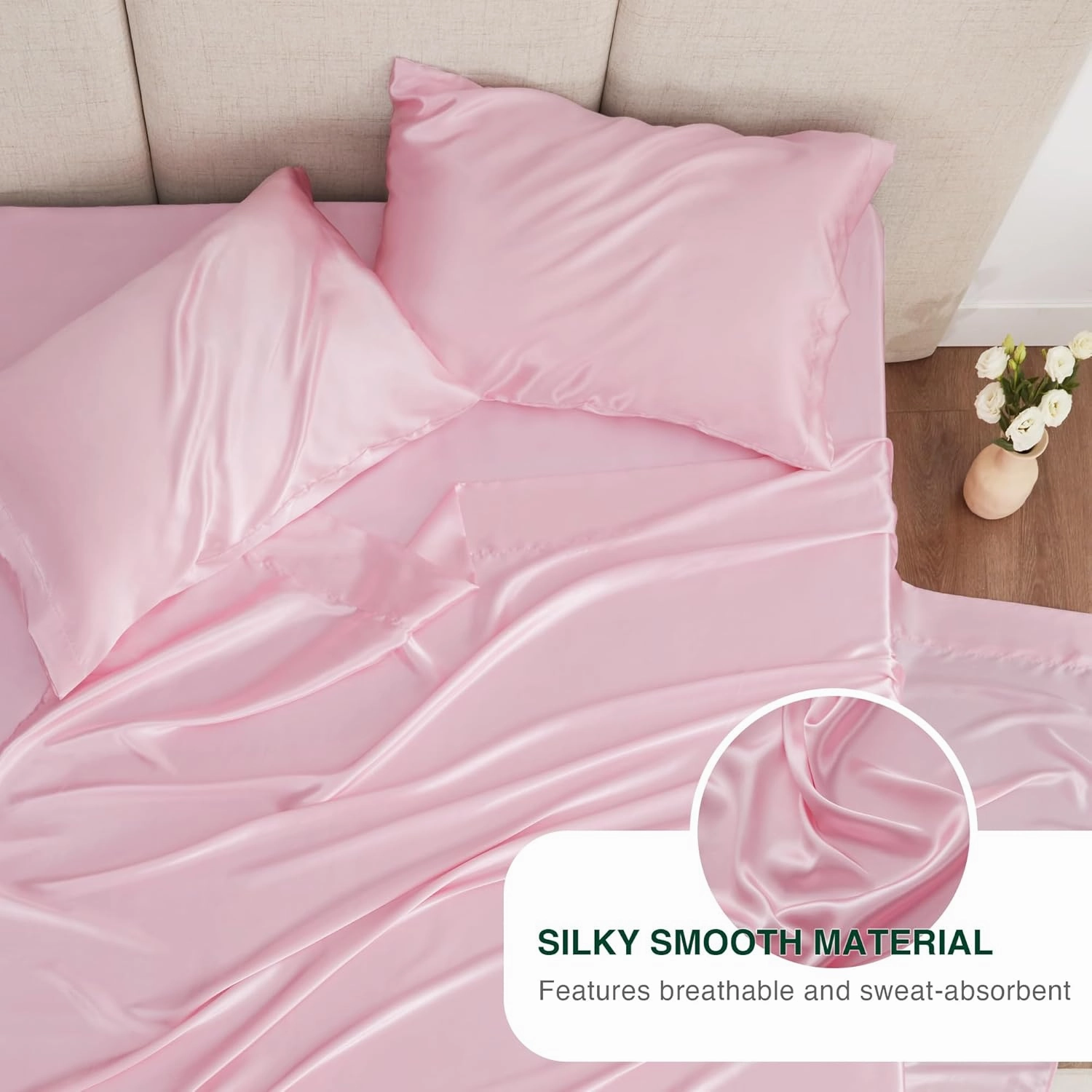 Love's cabin Full Size Satin Sheet Sets - 4 Piece Pink Silky Sheet Set Full with Deep Pocket, Luxury Silk Feel Bed Sheets Full Bedding Set (1 Flat Sheet,1 Fitted Sheet,2 Pillow Cases)
