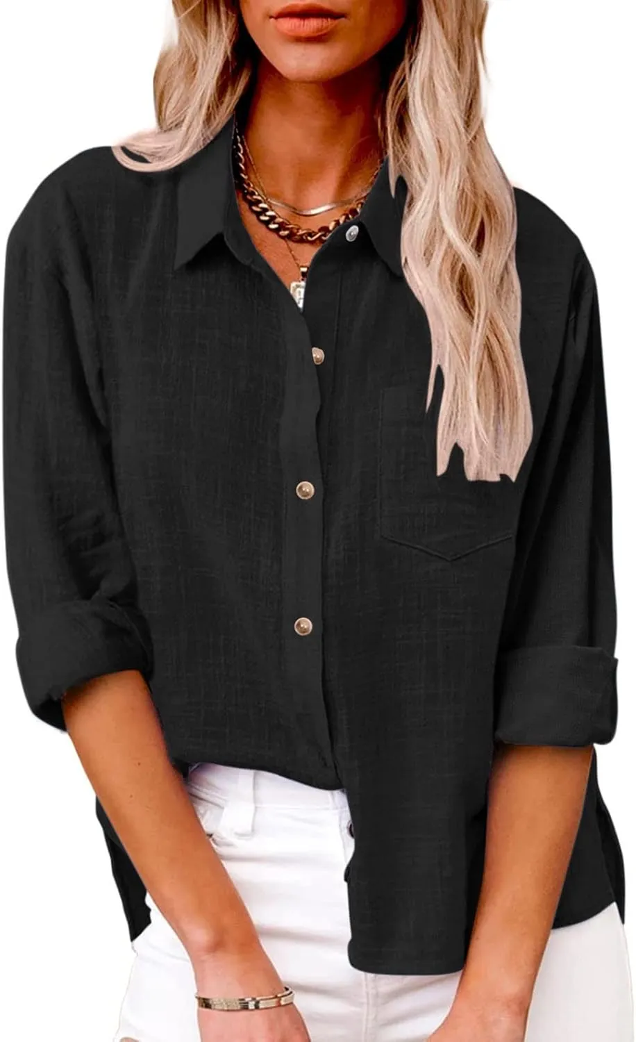 LRMQS Linen Shirts for Women Summer Long Sleeve Lapel Button Down Blouse Lightweight Gauze Loose Casual Fashion Shirt Clothes