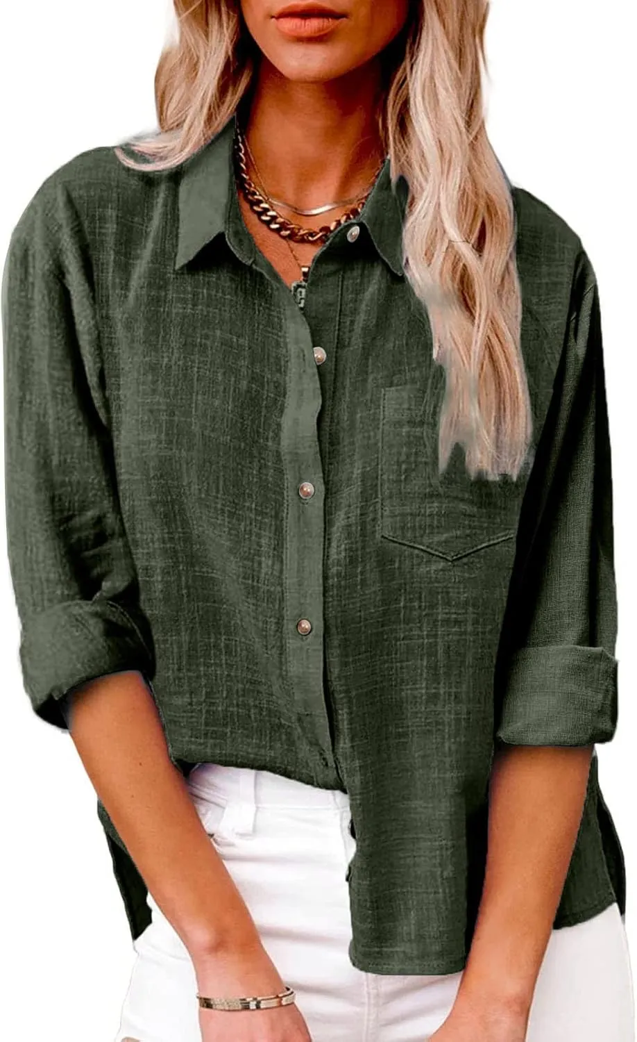 LRMQS Linen Shirts for Women Summer Long Sleeve Lapel Button Down Blouse Lightweight Gauze Loose Casual Fashion Shirt Clothes