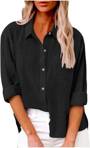 LRMQS Linen Shirts for Women Summer Long Sleeve Lapel Button Down Blouse Lightweight Gauze Loose Casual Fashion Shirt Clothes
