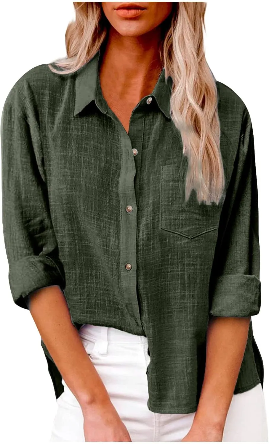LRMQS Linen Shirts for Women Summer Long Sleeve Lapel Button Down Blouse Lightweight Gauze Loose Casual Fashion Shirt Clothes