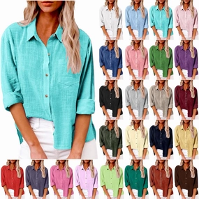 LRMQS Linen Shirts for Women Summer Long Sleeve Lapel Button Down Blouse Lightweight Gauze Loose Casual Fashion Shirt Clothes