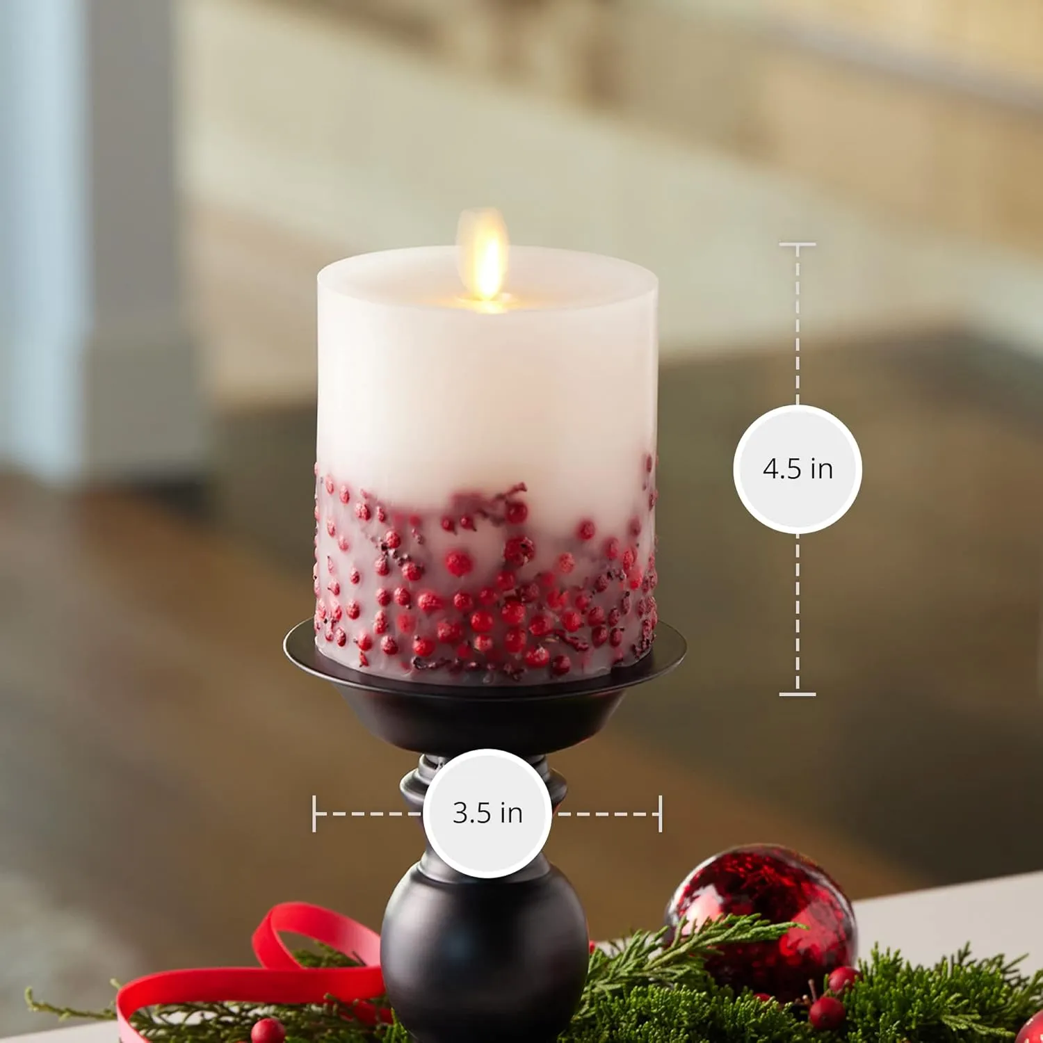 Luminara Flameless LED Candle Rowan Berries Embedded Real Wax Moving Flame Pillar Unscented with Recessed Edge, Remote Ready, Timer (3.5 x 4.5 inch)