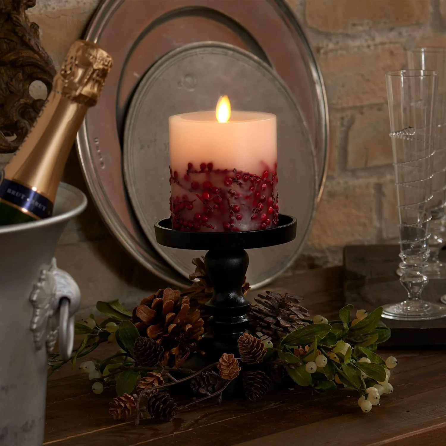 Luminara Flameless LED Candle Rowan Berries Embedded Real Wax Moving Flame Pillar Unscented with Recessed Edge, Remote Ready, Timer (3.5 x 4.5 inch)