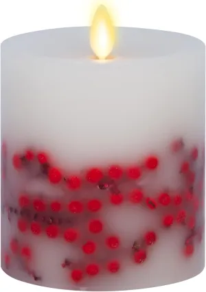 Luminara Flameless LED Candle Rowan Berries Embedded Real Wax Moving Flame Pillar Unscented with Recessed Edge, Remote Ready, Timer (3.5 x 4.5 inch)