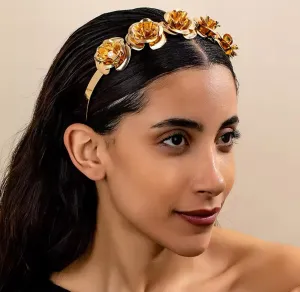 Luxury Gold Rose Flower Headband with Pearl Accents, Metallic Wedding Hair Accessories