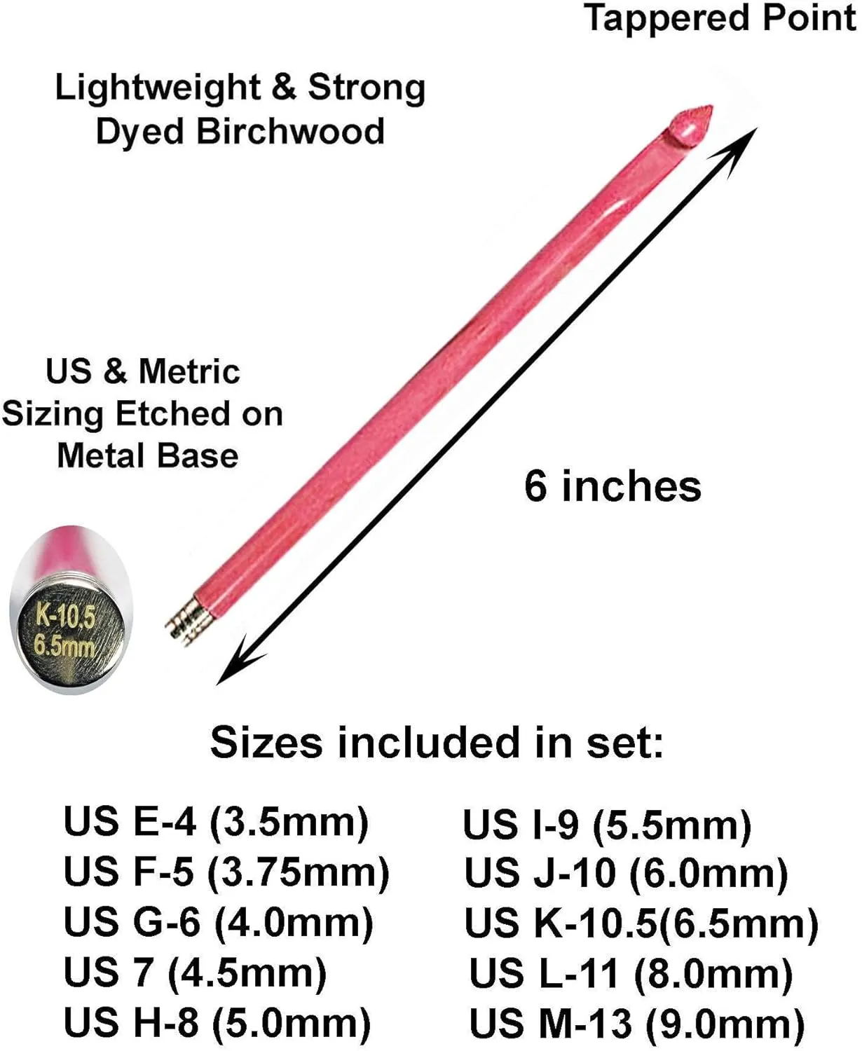 Lykke Blush 6-Inch (15cm) Crochet Hook Set Birchwood US Sizes E-4, F-5, G-6, 7, H-8, I-9, J-10, K-10.5, L-11, & M-13 Includes Fuchsia Vegan Suede Case with Project Bag
