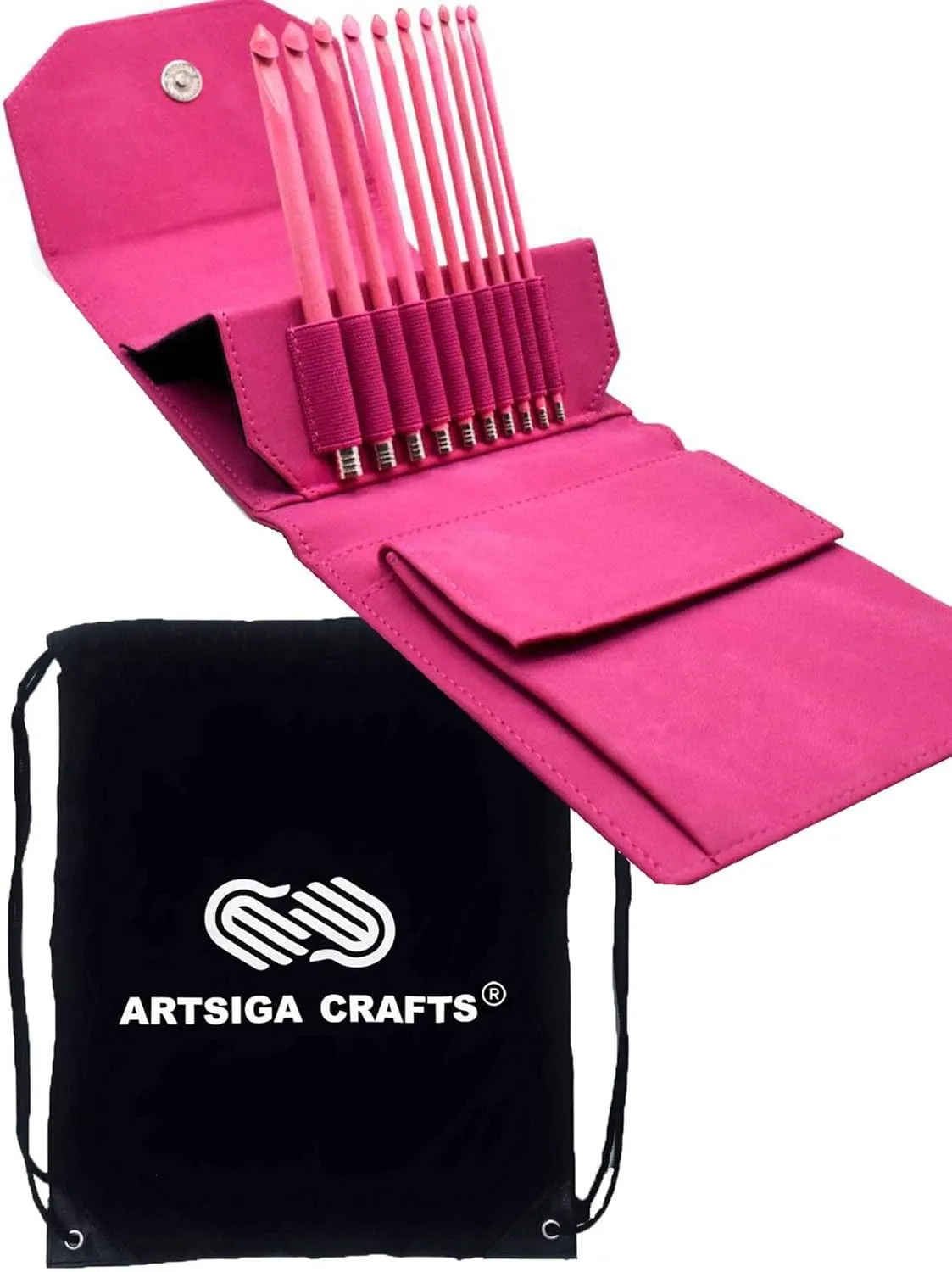 Lykke Blush 6-Inch (15cm) Crochet Hook Set Birchwood US Sizes E-4, F-5, G-6, 7, H-8, I-9, J-10, K-10.5, L-11, & M-13 Includes Fuchsia Vegan Suede Case with Project Bag