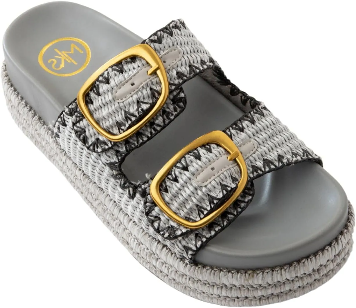 Maker's Shoes - MKS Clara Platform Sandals, Double Buckle Espadrille Wedges, Metallic Woven Design