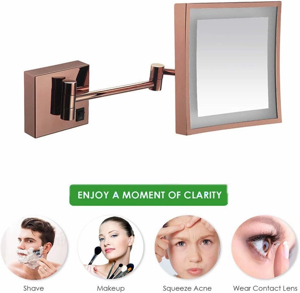 Makeup Mirror Lighted Vanity Bathroom Square Mirror with 360 Degree Swivel Rotation Flexible Gooseneck and Locking Suction(Rose Gold,Plug)