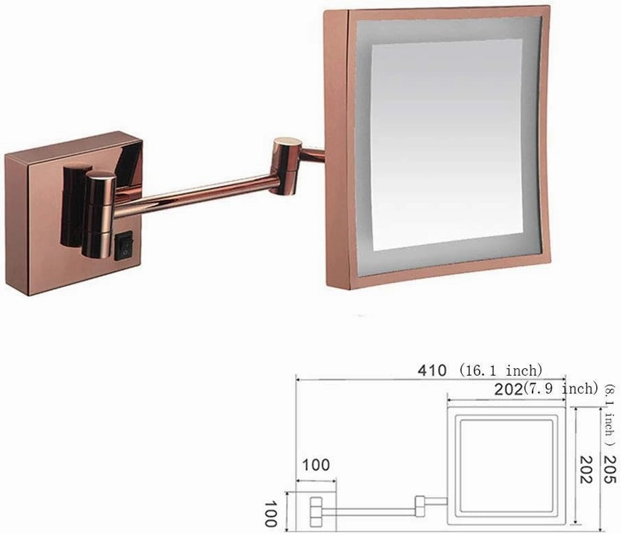 Makeup Mirror Lighted Vanity Bathroom Square Mirror with 360 Degree Swivel Rotation Flexible Gooseneck and Locking Suction(Rose Gold,Plug)