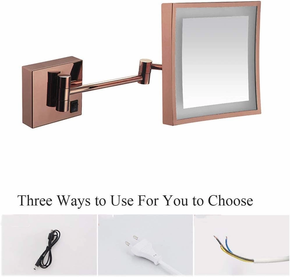 Makeup Mirror Lighted Vanity Bathroom Square Mirror with 360 Degree Swivel Rotation Flexible Gooseneck and Locking Suction(Rose Gold,Plug)