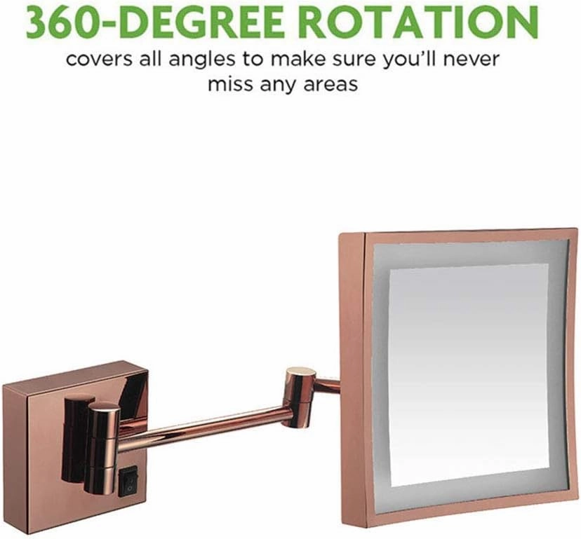 Makeup Mirror Lighted Vanity Bathroom Square Mirror with 360 Degree Swivel Rotation Flexible Gooseneck and Locking Suction(Rose Gold,Plug)