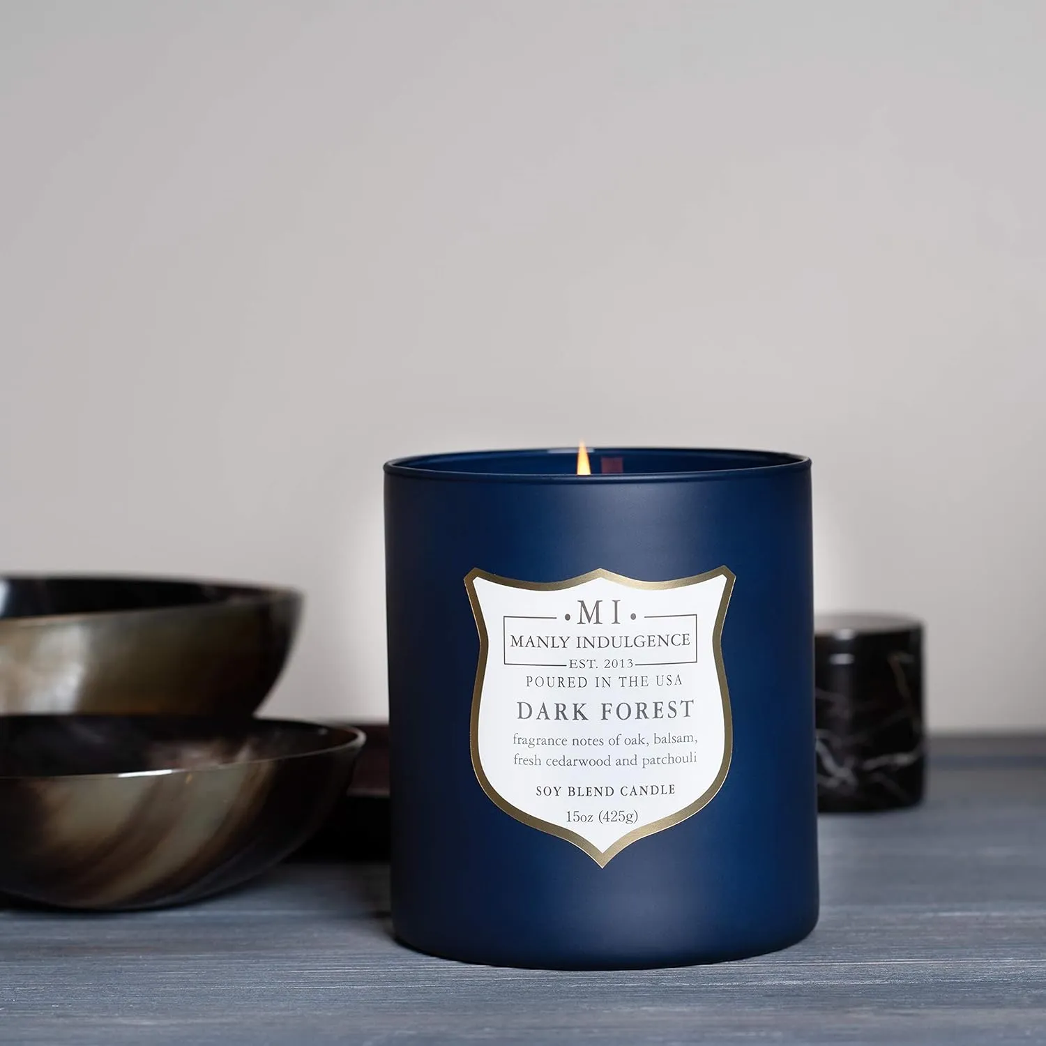 Manly Indulgence Dark Forest Scented Jar Candle for Men, Wood Wicked Candle, 15 oz - Oak, Balsam, Fresh Cedarwood & Patchouli - Up to 60 Hours Burn, Soy Blend Wax, USA Poured, Navy Blue