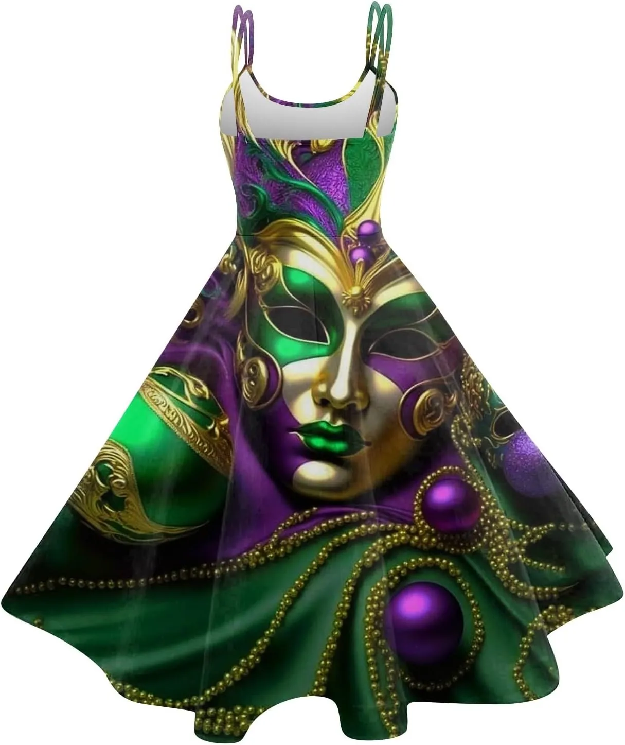 Mardi Gras Dress for Women Carnival Print Sexy Spaghetti Strap Cocktail Punk Vintage A-Line Swing Midi Dresses